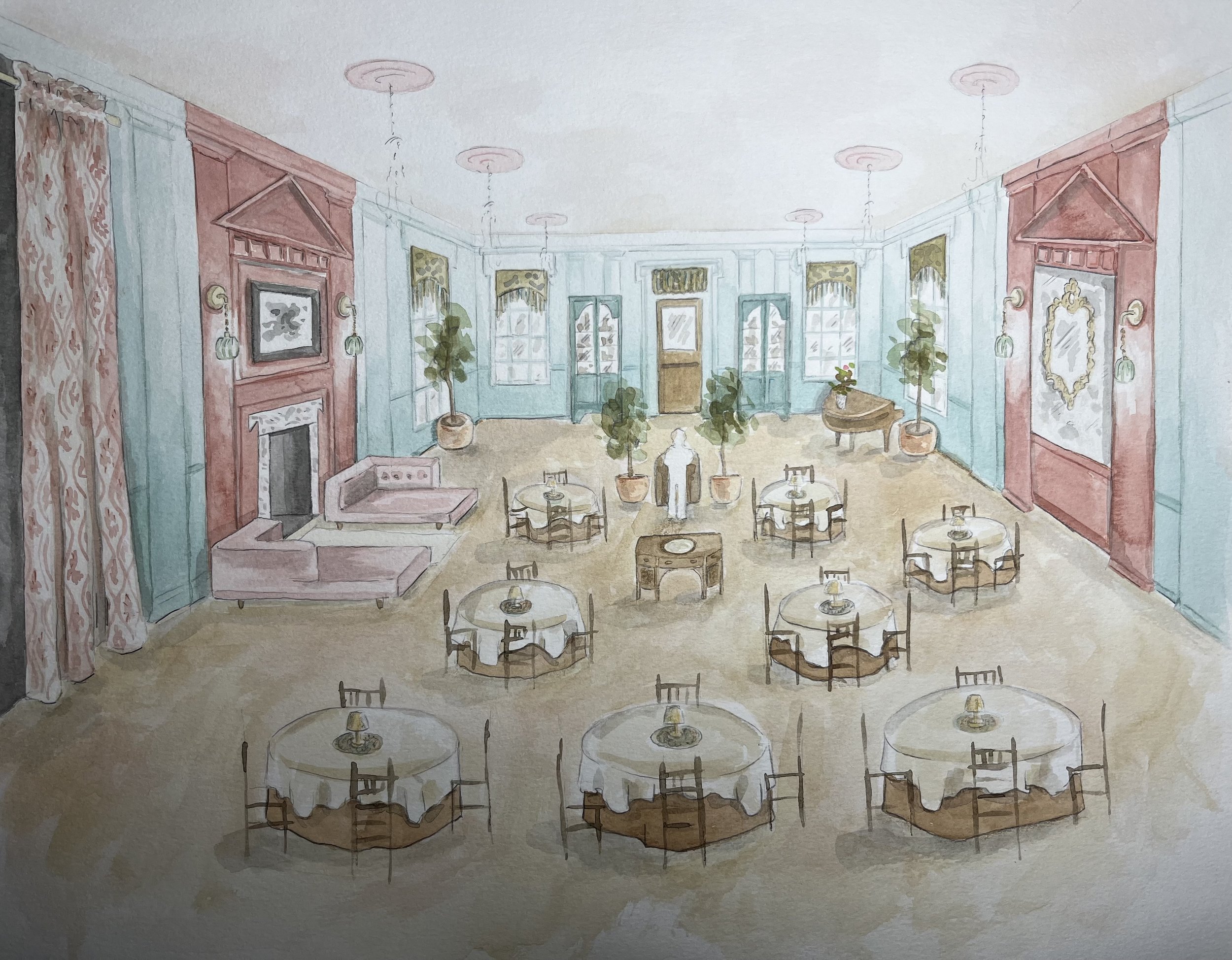 Watercolor rendering of Floris, the VMFA's tea room.